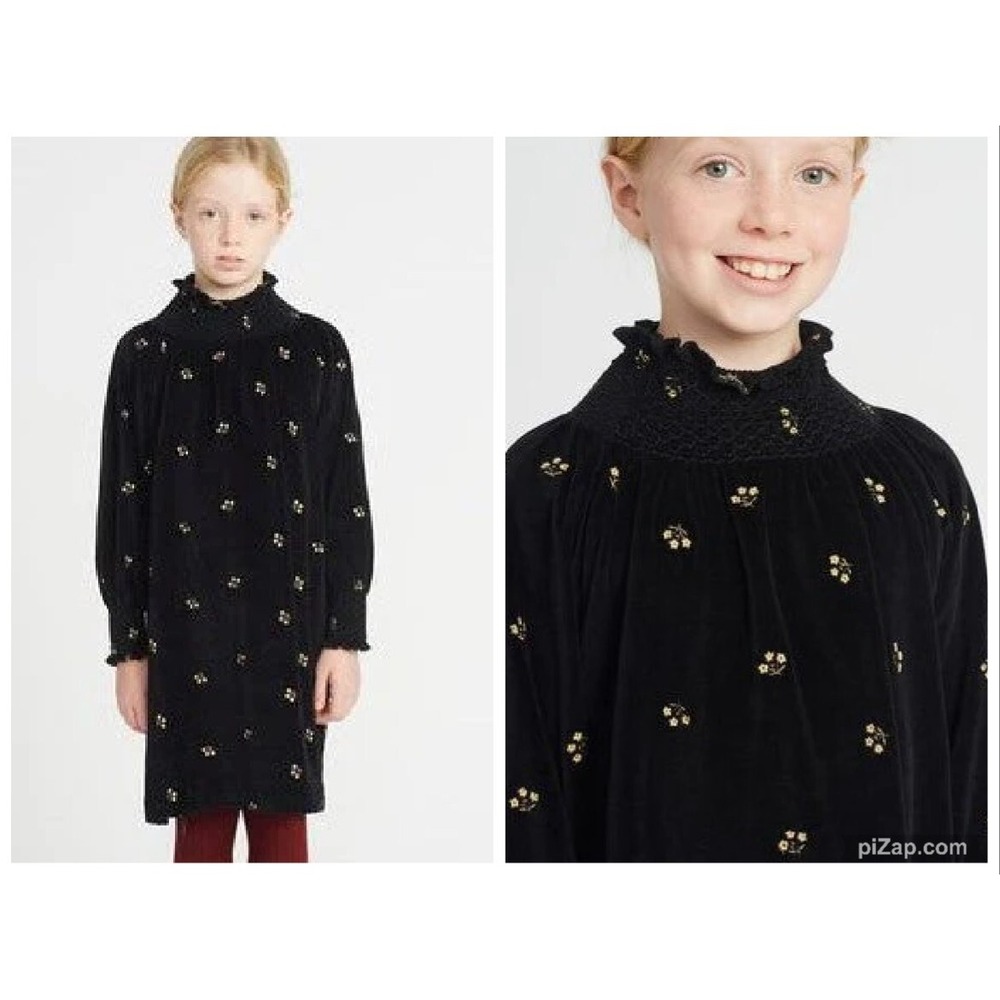 BEBE ORGANIC DORA PEPPERCORN DRESS BLACK FLORAL VELOUR SMOCKED LONG SLEEVE 6